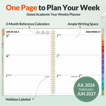 SUNEE Academic Planner 2026-2027 – Weekly & Monthly Planner, July 2026 to June 2027, 8.5"x11", Thick Paper, Tabs, Pockets, Bookmark, Spiral-Bound, Student Teacher Organizer, Green Wildflowers