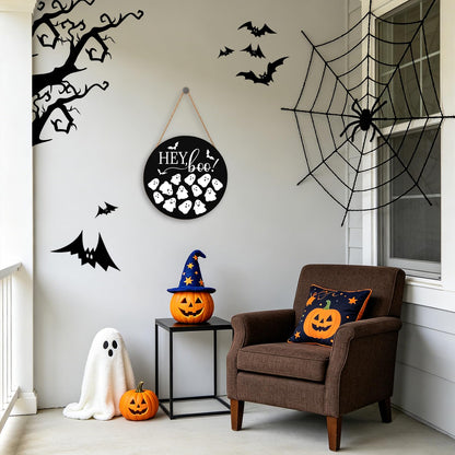 Hey Boo Sign 12x12 Inch Halloween Wreaths for Front Door Halloween Ghost Wood Door Hanger Black Boo Sign Farmhouse Holiday Decorations Wall Hanging Plaque for Trick or Treat Party Inside Outside