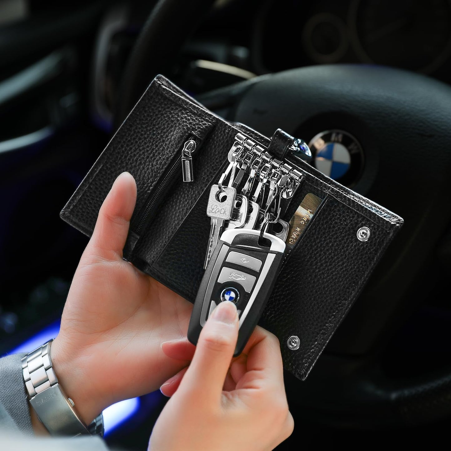 Meichoon Key Case Leather Wallets Portable Key Holders Coin Pouch Small Size Multi Card Holder Stylish for Organizer Office, XF09 Black