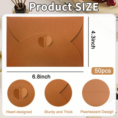 50 Pieces Gift Card Envelopes with Heart Clasp, 4x6 Vintage Envelopes for Wedding Birthday Party Invitation Greeting Cards (Bronze)