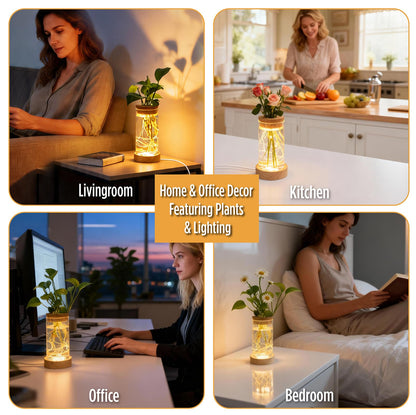 Plant Propagation Station with 9-Level Adjustable LED Light, Glass Planter Station with Waterproof Lighted Wooden Base, Desktop Hydroponic Plants Terrarium Vases Jars for Home & Office Decor