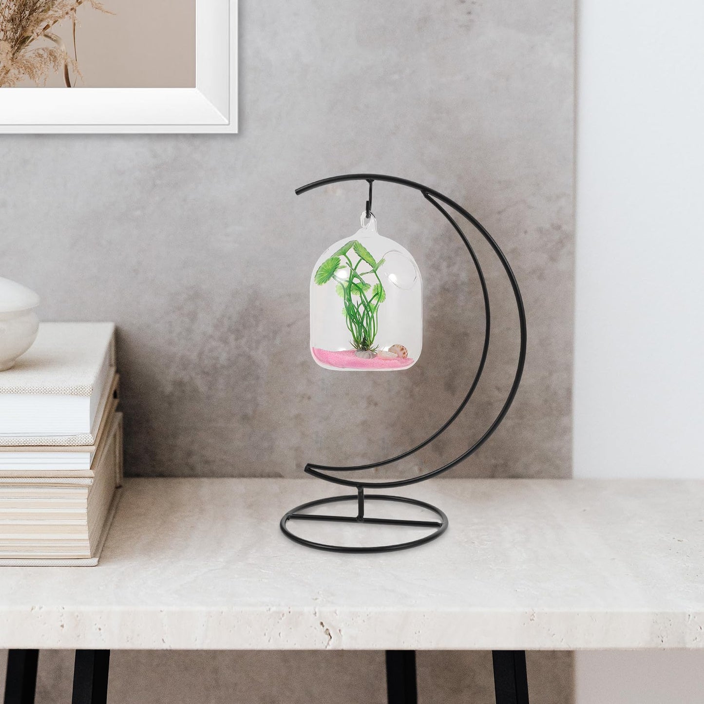 SUPVOX Moon-shaped Ornament Display Stand Hanging Hook, 2pcs Black Metal Air Plant Holder for Glass Globe Terrarium, DIY Micro Landscape Hanger for Home Décor and Garden Use