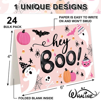 Whaline 24 Pcs Halloween Greeting Cards Boo Ghost Blank Note Cards with Pink Envelopes Stickers for Home Office Classroom Invitations Party Supplies, 4 x 6 Inch