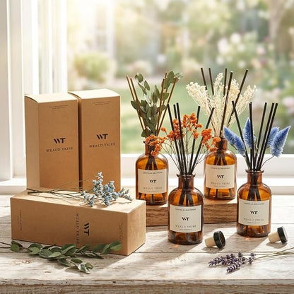 WEALD TRIBE Reed Diffuser Set for Bathroom Air Fresheners, Oil Diffuser Sticks with Flower | Eucalyptus & Mint Scent 4.0 fl oz Home Fragrance with Sticks Defusers | House Bedroom Office Shelf Decor