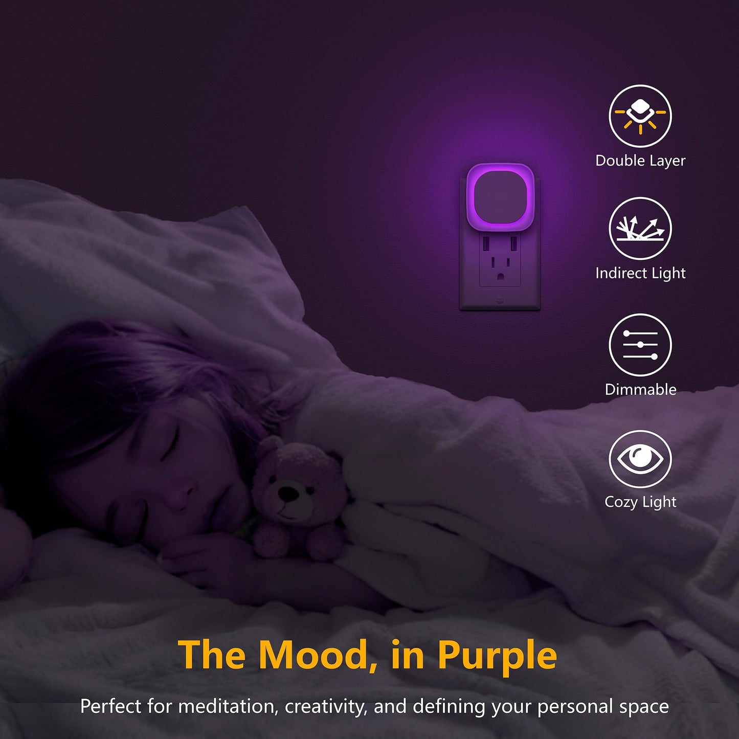YUNLEX 2 Pack Purple Night Light, Gentle Eye-Care with Dimmable Soft Glow & Indirect Reflection, Auto Dusk to Dawn Sensor, Plug in Nightlight for Meditation Corner, Creative Studio, Bedroom, Bathroom