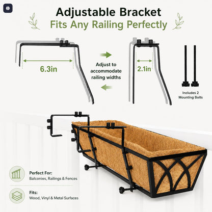 Railing Planter Boxes 24 Inch 2 Pack, Heavy Duty Adjustable Hanging Planters with Coco Liners, 2-in-1 Balcony Planters for Deck Porch Patio Garden