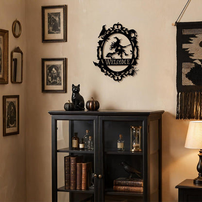 Gothic Witch Welcome Sign, Black Metal Wall Decor with Witch Design,15.63 x 12.6 inch, Indoor Outdoor Decorative Plaque