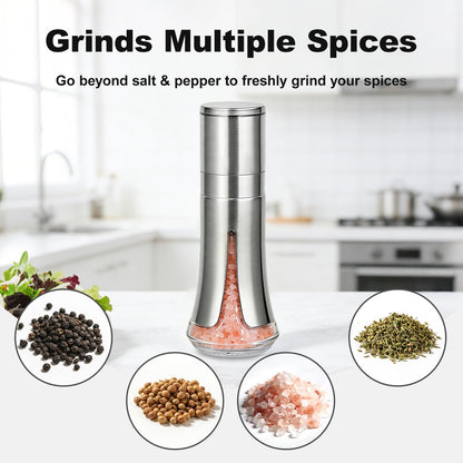 Aelga Salt Grinder with Silicone Funnel - 4oz Glass Manual Mills with Adjustable Ceramic Core & Stainless Steel Sleeve, Refillable Kitchen Gadget