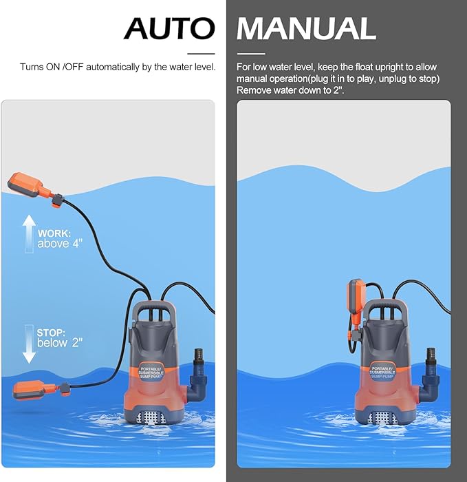 Sump Pump with Float 1HP Clean/Dirty Submersible Water Pump Electric 4500GPH for Pool Draining Spa Hot Tubs Ponds, Orange