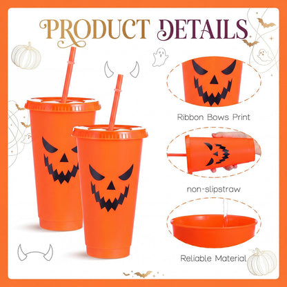 Honeydak 12 Pcs Summer Halloween Pumpkin Plastic Cups 24 oz Reusable Jack O Lantern Pumpkin Tumblers with Lids and Straws for Hot/cold Drinks for Iced Coffee Home Office Decoration Party Favors