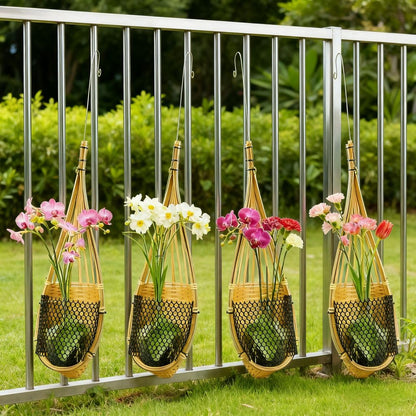 SatisJoy Orchid Hanging Planter, 5 Inch Thai Handmade Bamboo Natural Material Hanging Basket for Indoor Outdoor, Trellis Compatible, Durable Breathable, Set of 4 (Brown)