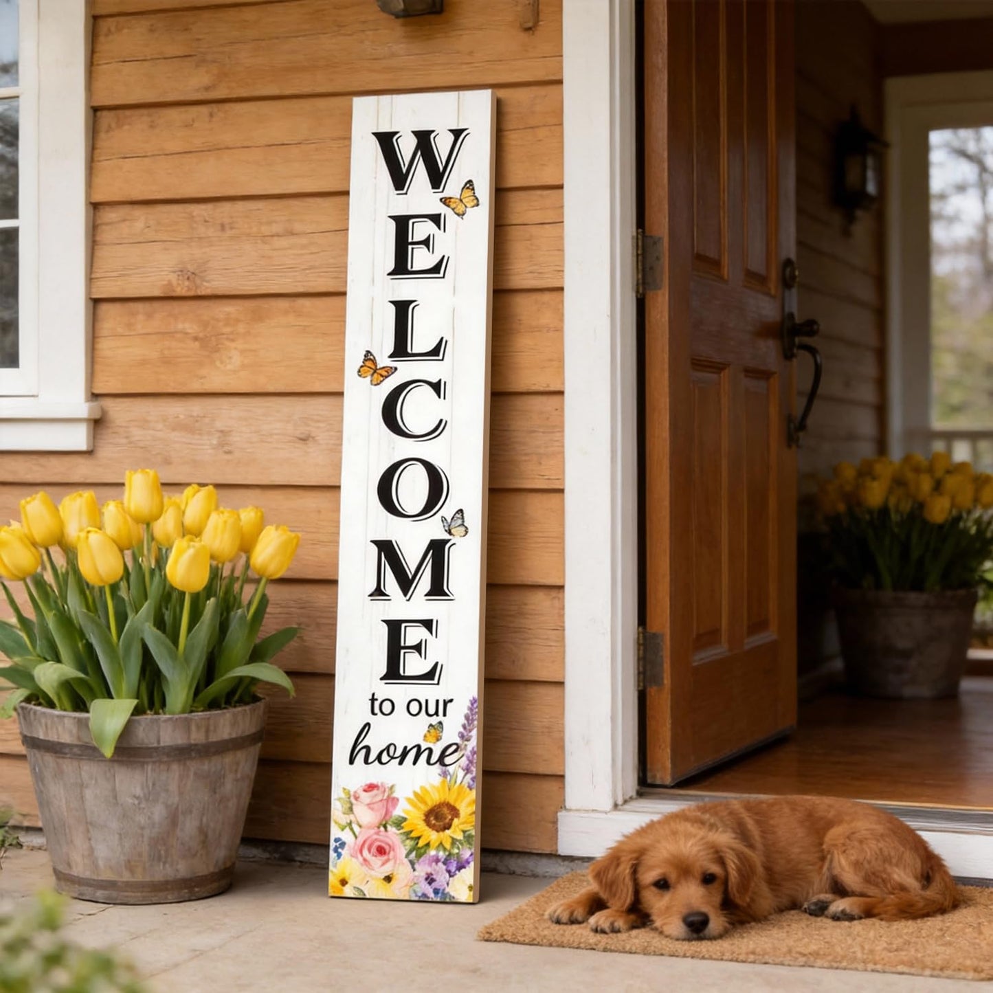 Welcome Sign for Front Door, Large 47 inch Wood Framed Welcome to Our Home Sign with Spring Flower Print & Hanging Rope, Vertical Farmhouse Wooden Board Standing for Outdoor Yard Patio