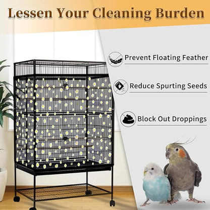 Daoeny 2PCS Bird Cage Seed Catcher, Large Bird Cage Cover, Adjustable Soft Airy Nylon Mesh, Birdcage Cover Skirt Seed Guard for Parrot Parakeet Macaw Round Square Cages (Black & White Daisy)