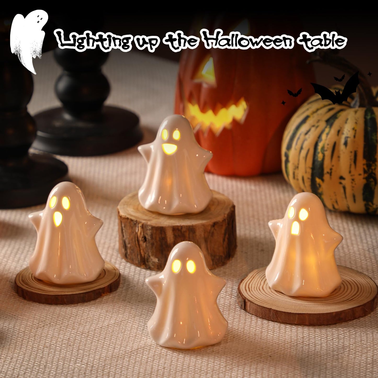 4PCS Ceramic Ghost Light Up Decor, Cute Ghost Halloween Decor, Small White Ghost Figurine Timer Led Ghost Figurines for Desk Tabletop Centerpieces，Halloween Decoration Indoor