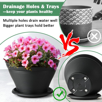 RooTrimmer 8 Inch Plastic Plant Pots with Saucers 8 Pack, Flower Pots with Drainage Holes, Sturdy Planter Pots for Indoor Outdoor, Modern Decorative Gardening Pots for Planting House Plants, Black