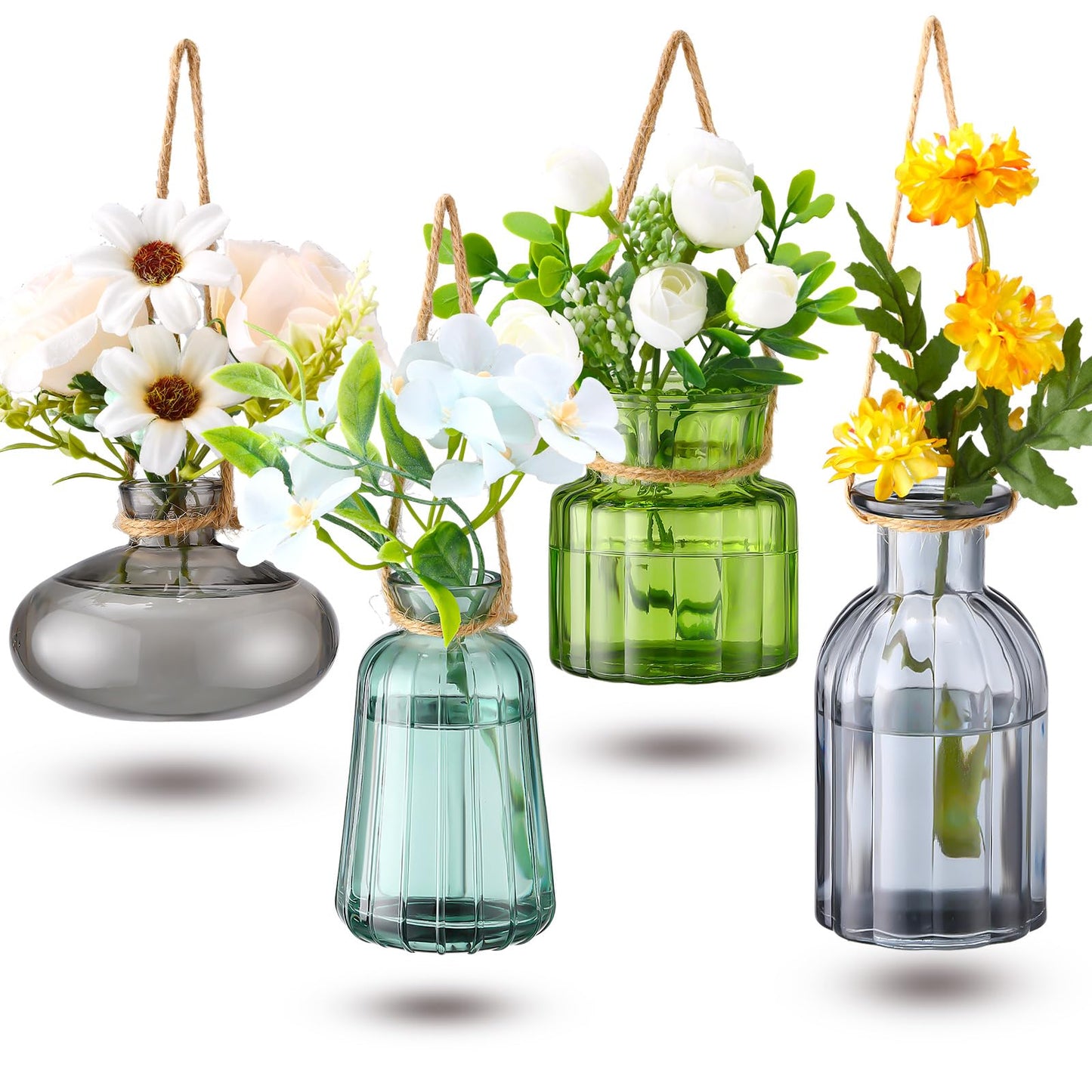 Wonderjune 4 Pcs Stained Glass Hanging Vases Hanging Glass Planters Small Plant Terrarium Pot Containers with Rope for Garden Home Indoor Outdoor Decor, 4 Styles (Artsy)