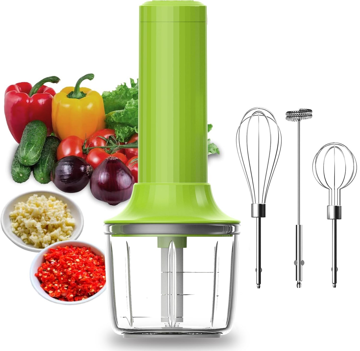 4-in-1 Electric Hand Mixer, Electric Whisk, Mini Onion Chopper 10Oz, Small Cordless Hand Blender, Milk Frother Wand for Coffee, Matcha, 4 Speed Rechargeable Food Processor for Baby Food Maker