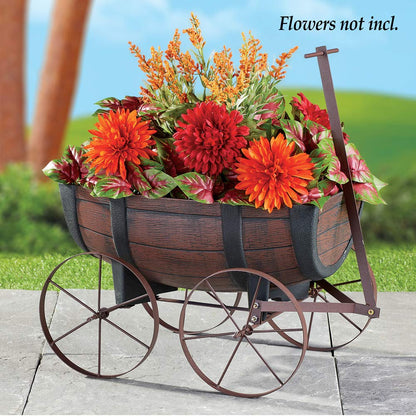 Collections Etc Faux Wood Nostalgic Barrel Wagon Planter with Handle and Drainage Hole at The Bottom