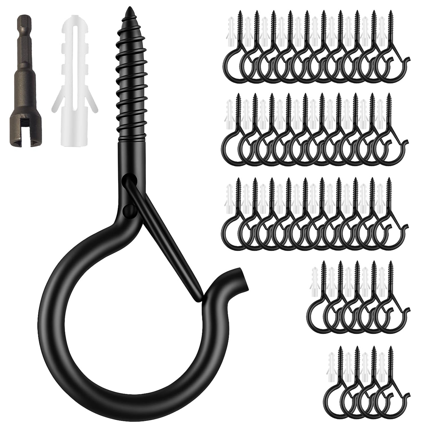 40 Pack Black Q Hooks for Hanging With Install Tool - Ceiling Hooks, Plant Hangers Outdoor, Safety Buckle, Weatherproof Clips, Screw Eye S, Heavy Duty Hooks for Outdoor String Lights Christmas Hanger