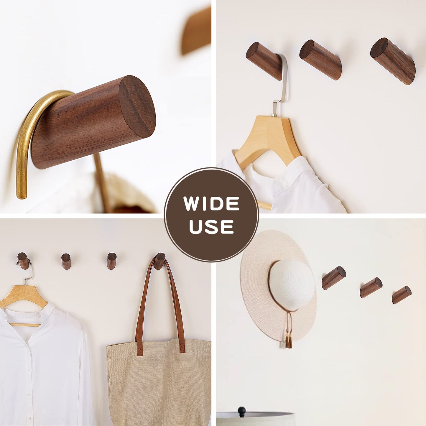 Felidio Wood Wall Hooks, 6 Pack Natural Wooden Coat Hooks Wall-Mounted, Rustic Heavy Duty Hook for Hanging Towels Coats Plants, Entryway Hat Hanger Wall Coat Rack (Walnut Wood)