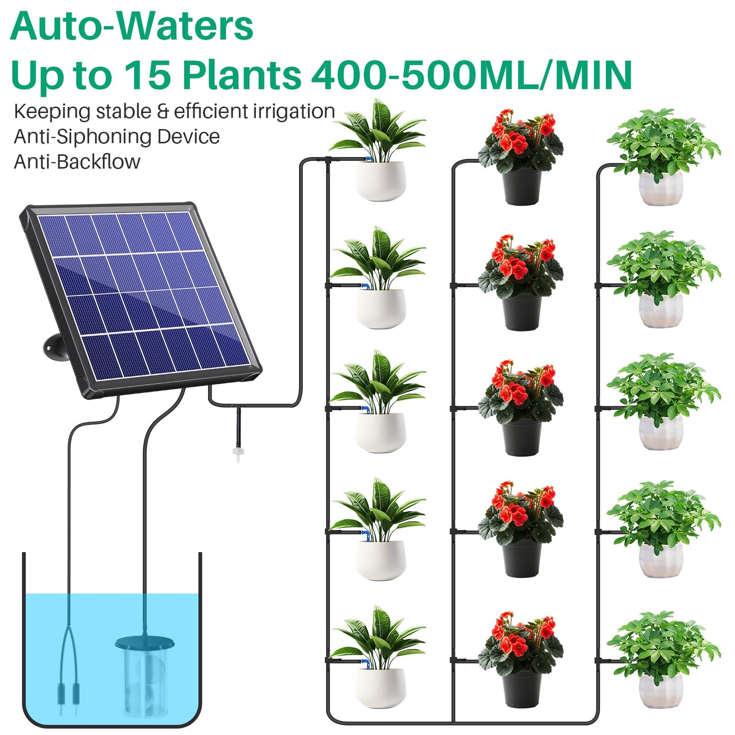 NFESOLAR 3W Solar Automatic Drip Irrigation Kit with LCD Timer, Customizable Watering Duration 1–30min & Interval 3h–7d, Anti-Siphoning Device for Potted Plants, Balcony, Garden, Patio, Vacation