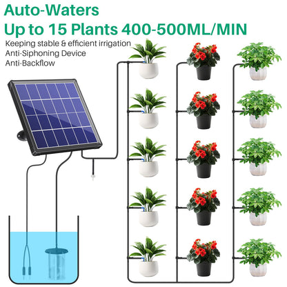 NFESOLAR 3W Solar Automatic Drip Irrigation Kit with LCD Timer, Customizable Watering Duration 1–30min & Interval 3h–7d, Anti-Siphoning Device for Potted Plants, Balcony, Garden, Patio, Vacation