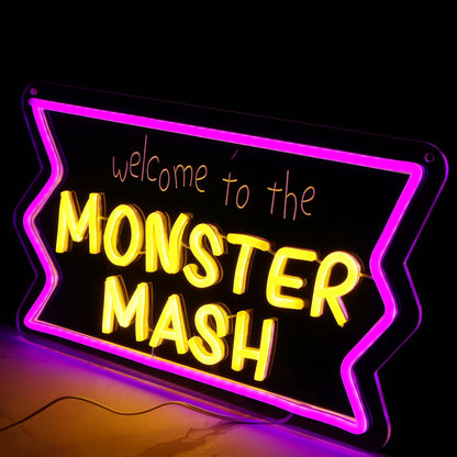 Welcome to Monster Mash Neon Sign for Wall Decor,Ghost Led Dimmable Neon Lights for Gaming Room Boys Room Decor，Powered by USB 9.5 * 15.7inch, Halloween Birthday Party Christmas Gifts