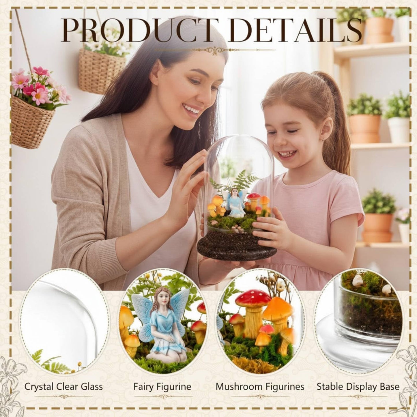Hushee 5 Pcs 8.2'' x 5.9'' Glass Plant Dome with Mushroom & Fairy Figurines Decorative Humidity Glass Cloche with Base for Indoor Plants Succulents, Miniature Garden Decor for Tabletop - No Plants