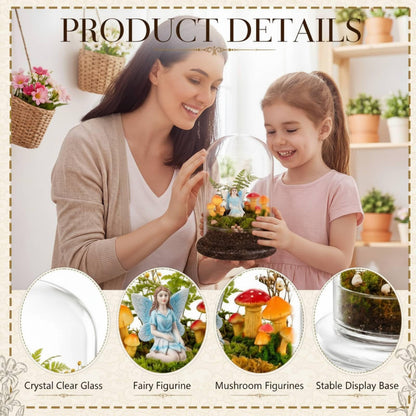 Hushee 5 Pcs 8.2'' x 5.9'' Glass Plant Dome with Mushroom & Fairy Figurines Decorative Humidity Glass Cloche with Base for Indoor Plants Succulents, Miniature Garden Decor for Tabletop - No Plants