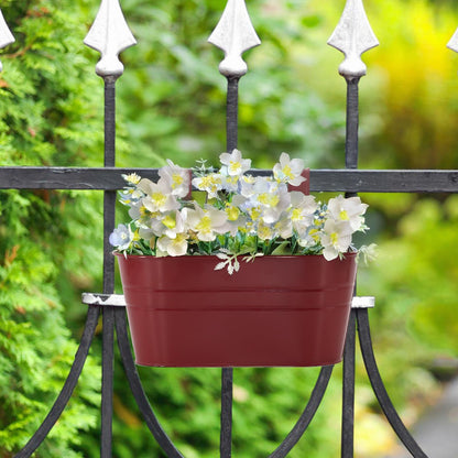 Meltset M 3 Pack Metal Railing Planters, 10.5" Oval Hanging Flower Pots with Detachable Hooks & Drainage Holes, Fits Rails up to 2.36", Galvanized Iron Fence Bucket for Balcony Garden Patio - Red