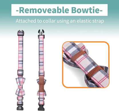 IVY&LANE Dog Collar with Bowtie and Leash Set | Plaid Adjustable Dog Collar | Detachable Bow Tie |5 FT Dog Leash | for Small Medium Large Dogs | Checkered Beige | X-Small