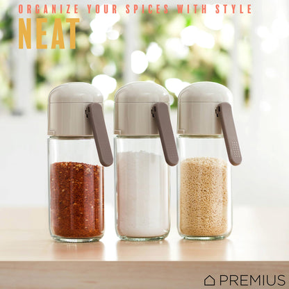 Glass Precision Spice Dispenser By PREMIUS, 8.45 Ounces, Durable Glass Bottle, Plastic Lid, Pour the Perfect Amount of Spices Every Time, Airtight Design with Sleek Glass, White
