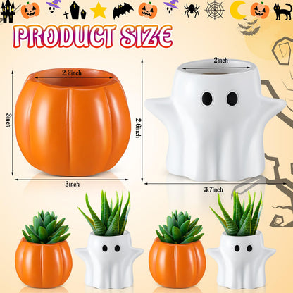 Newtay 4 Pack Halloween Pumpkin Ghost Planter 3 Inch Halloween Succulent Pots Bucket Vase Gifts Resin Small Flower Pots for Home Office Party, Plants Not Included