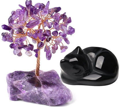 QINJIEJIE Bundle of Amethyst Crystal Tree and Obsidian Cat Statue Natural Reiki Gemstone Tree Life Carved Stone Decors Gift Polished Gemstones Figurine Meditation Gift for Women Men