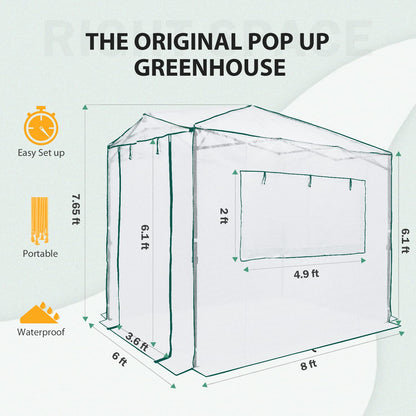 EAGLE PEAK 8x6 Portable Walk in Greenhouse, Pop Up Indoor Outdoor Greenhouse, Green House Kit with Zippered Roll-Up Doors and Windows, PE Cover, Clear/White