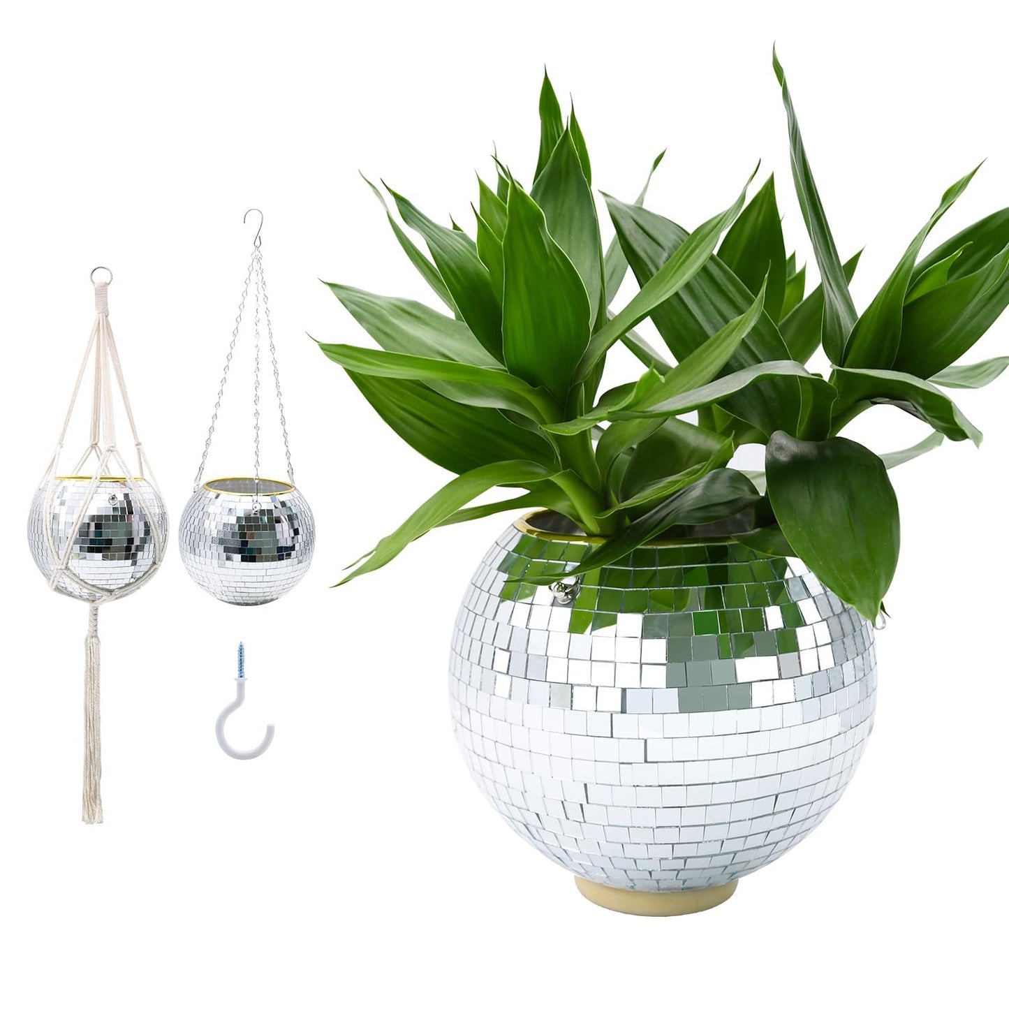 FGBNM Disco Ball Planter, 8" Silver Disco Ball Planter, Disco Ball Plant Hanger with Hanging Rope, Hanging Chain, Hook, Circle and Extra Mirror Pieces