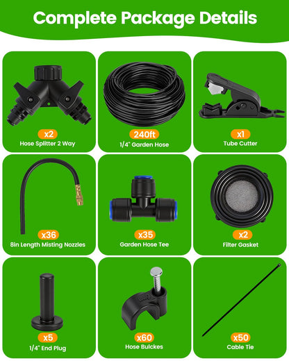 Landtouch 240FT Drip Irrigation System for Garden with 36 Nozzles –360° Adjustable Misting Nozzles, Quick-Connect Design, Ideal for Raised Beds, Lawns, Greenhouses & Outdoor Cooling