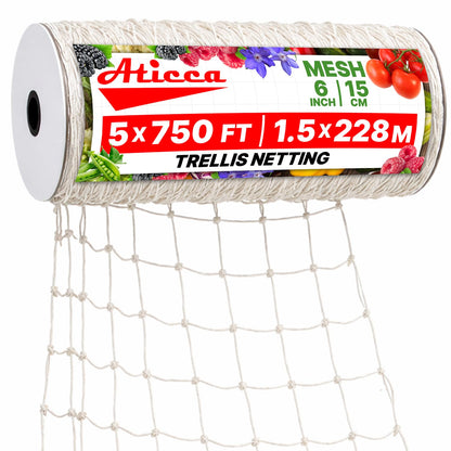 ATICCA Trellis Netting 5 x 750 ft Heavy Duty Polyester Plant Support Netting White - 6 Inch Garden Rope Trellis on Roll - Mesh Twine for Growing Vine Climbing Plants, Flowers, Peas, and Tomatoes.