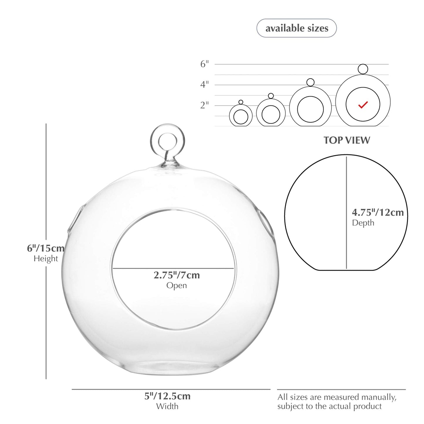 WGV Hanging Terrarium Globe, Width 5", Height 6", DIY Air Succulent Planter, Clear Glass Vase Orb with Flat Bottom, Candle Holder for Windowsill Outdoor Garden Decor, 1 Piece
