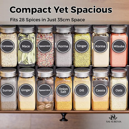 SAI AUREVIA - 28-Jar Spice Rack Organizer with 4-Tier Metal Stand | Complete Set with Glass Jars, Labels & Funnel | Space-Saving Kitchen Spice Storage (Wall or Countertop Mount)