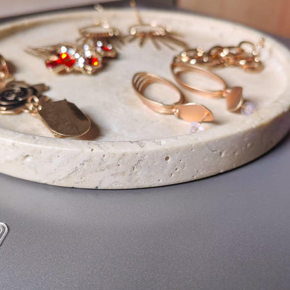 Natural Travertine Vanity Decorative Marble Tray, Candles, Perfume, Trinket, Marble Circle Vanity Trays for Bathroom, Dresser, Kitchen, Countertop Storage Organizer for Home Decor
