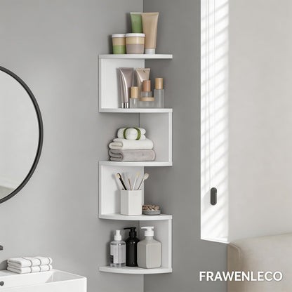 FRAWENLECO No-Drill Modern Corner Shelf Wall Mount, 5-Tier Floating Storage Rack, Corner Bookshelf with Hooks, Space-Saving Zigzag Plant Shelf for Bedroom, Living Room, Bathroom, Home Office(White)