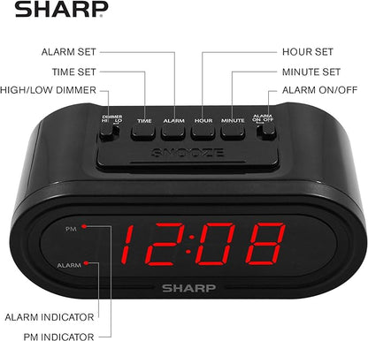 Sharp AccuSet Automatic Smart Alarm Clock – Self-Setting Digital Clock, Auto Time & DST Adjustment, Easy-Read Red LED Display, Battery Backup, Simple Plug-and-Play Clock for Seniors & Bedrooms