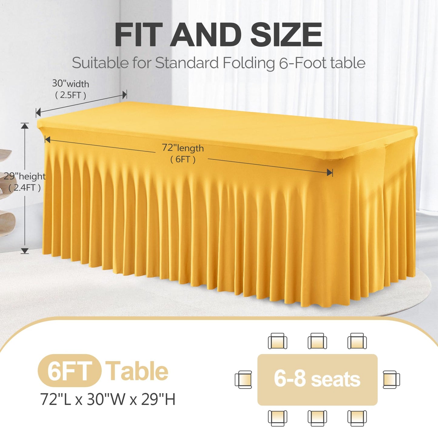 PARTISKY Golden Spandex Tablecloth for 6ft Rectangle Tables, Stretchable Table Cover Skirt for Folding Tables Weddings Parties Banquets Events Trade Shows and Dessert Table