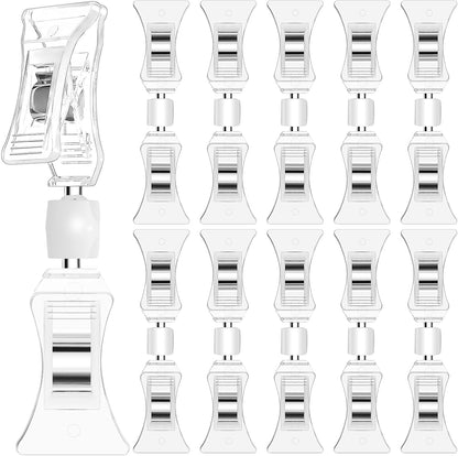 50 Pieces Double Sided Sign Clip, Clear Retail Merchandising Signs Display Tags, Plastic Sign Holder Rotatable Pop Clip-on Promotion Clips Stand for Label, Basket, Business Cards