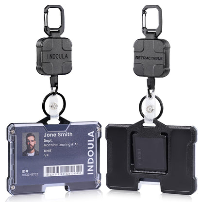 INDOULA Retractable Horizontal Badge Holder,Large ID Card Holder with 31.5" Retractable Reel and 4 Cards Slot(1 Pack,Black).