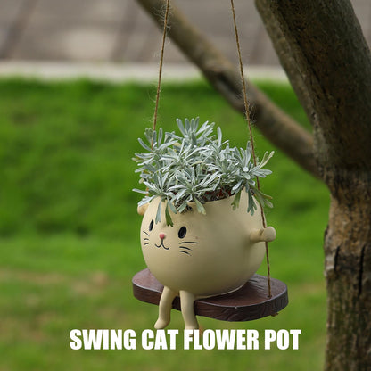 Swing Cat Hanging Planter, Resin Cute Cat Succulent Pot, Dual-Use Indoor Outdoor Plant Holder, Creamy Yellow Swing Flower Pot, Adorable Hanging Planter for Small Plants