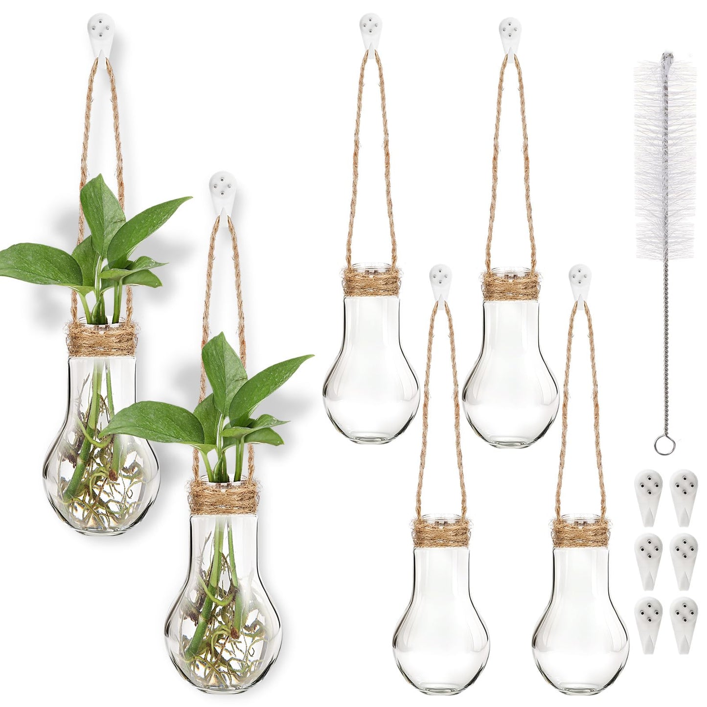 Baderke 6 Pack Hanging Propagation Station 3.9 Inch Plastic Plant Vases with Hooks & Cleaning Brush Clear Window Jars for Plant Clippings, Home Office Decor, Gardening Gifts for Women