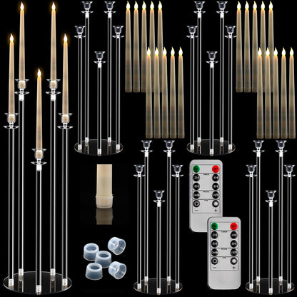 Barydat 4 Set 5 Arms Acrylic Candelabra Centerpieces for Wedding, Clear Candlesticks Holders with 20 LED Candles 2 Remote Timer 22 Rubber Candle Rings for Halloween Christmas Party Dinner Decoration