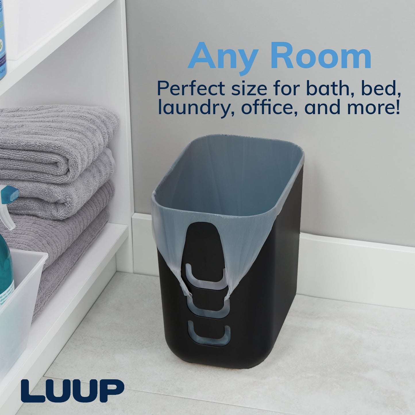 STORi Luup Trash Can (Black) - Reuse Grocery Bags - Plastic Garbage Container for Bathroom, Vanity, Laundry Room, Kitchen, Office, Garage - 2.5 Gallon Wastebasket with Hooks to Secure Trash Bags